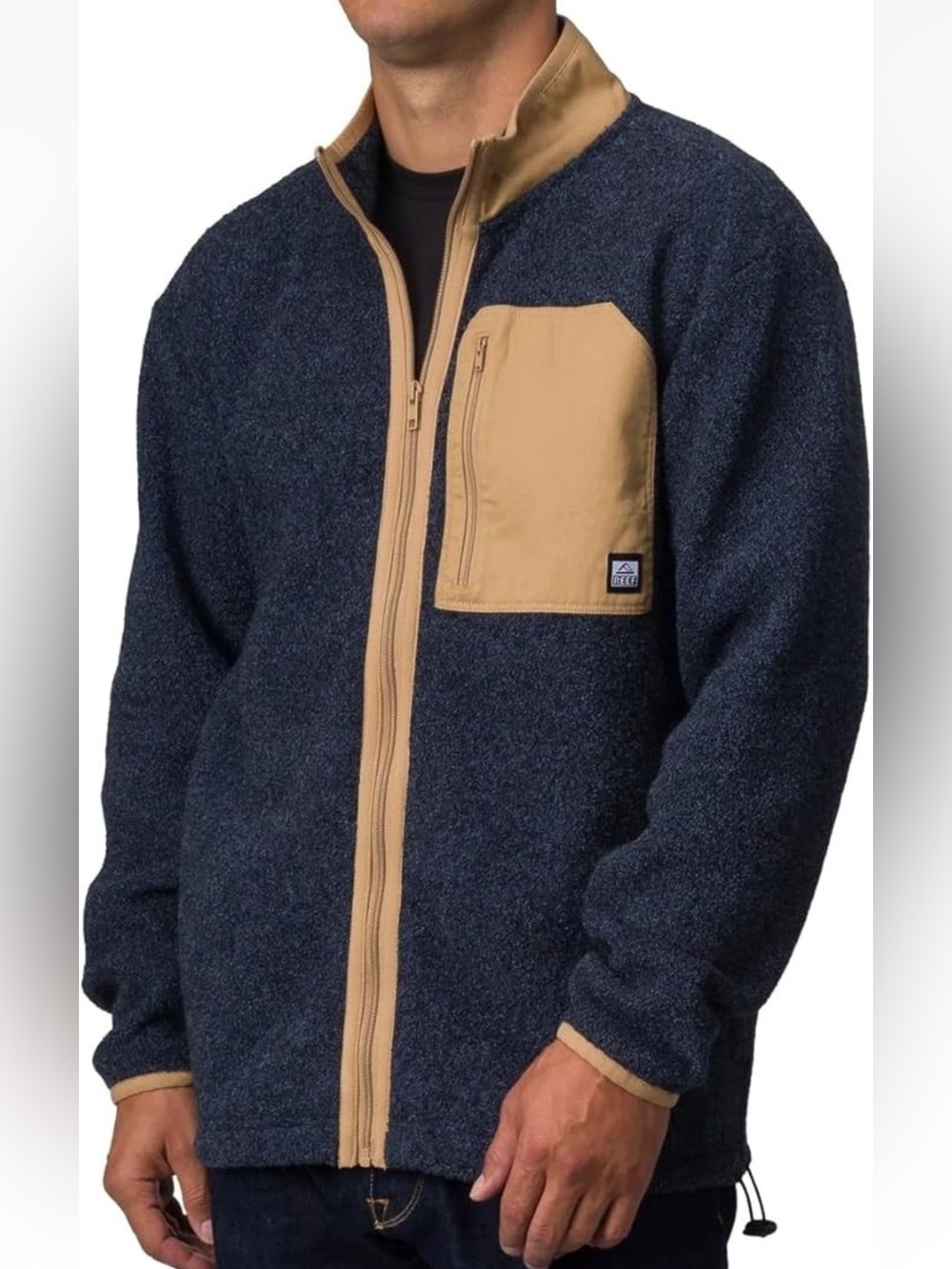 Reef Men's Full Zipper Radar Knit Dark Blue/Grey Tan Zip-Up Fleece Jacket Medium